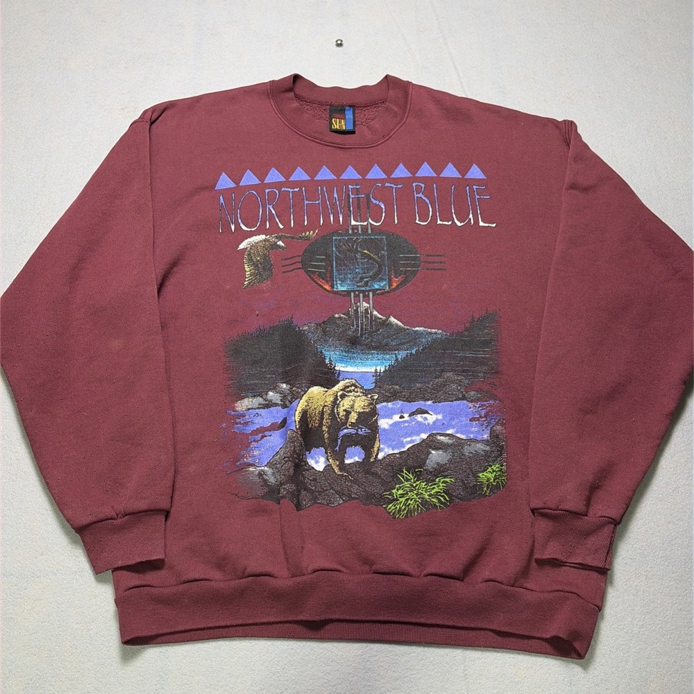 Vintage Sun Sweatshirt Men L Maroon Tribal Northwest Grizzly Bear Fishing USA